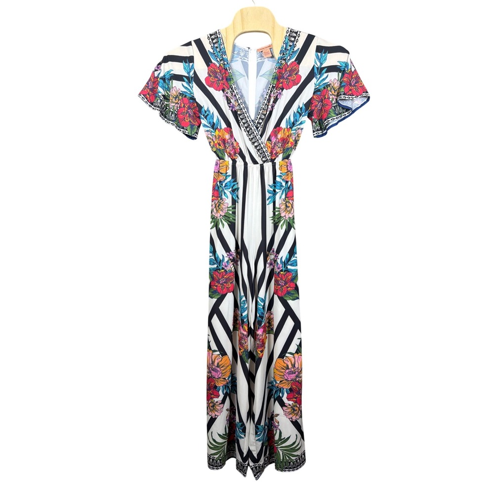 Flying Tomato Jumpsuit Womens L IP6489-TJ White Floral Striped Wide Leg Boho